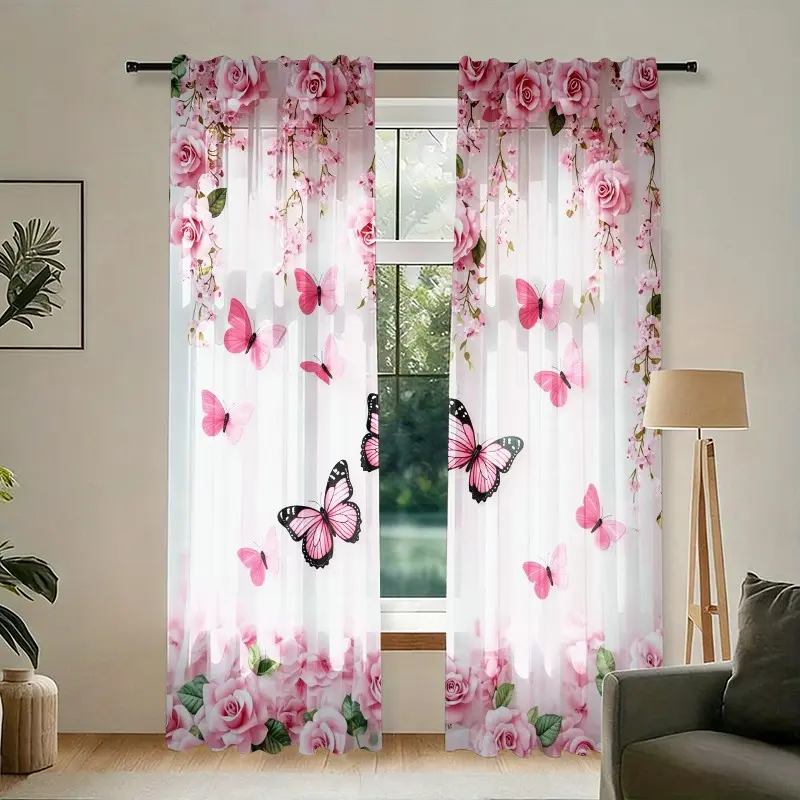 2 Piece Set Floral Butterfly Print Curtains, Semi-Transparent, High Definition Digital Print, Fade Resistant, Easy Care, Modern Style Curtain for Windows
