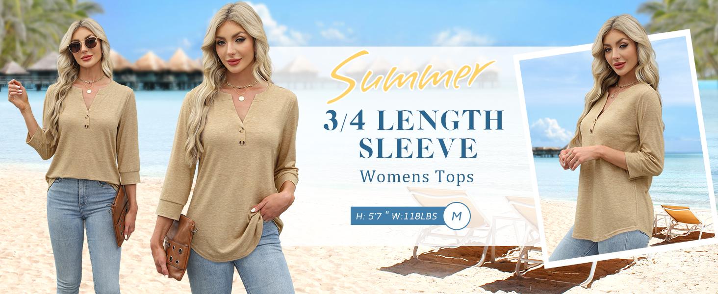 WIHOLL Womens Tops 3/4 Sleeve Heley Shirts for Women Summer Fashion 2025 Blouses Beach Vacation Clothes SpringStatements