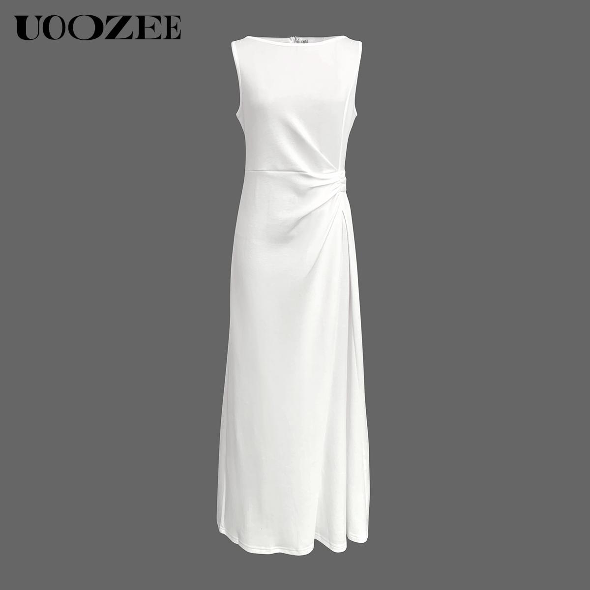 UOOZEE Women 2025 Summer/Spring Rayon Pleated Slightly Stretch & Sheer White A-Line Dress 2025 New Fashion Sleeveless Solid Color Split-Joint Round-Neck Elegant Evening Maxi Dresses - (Sizing Runs Small - Check Size Guide or Order Larger) Fit