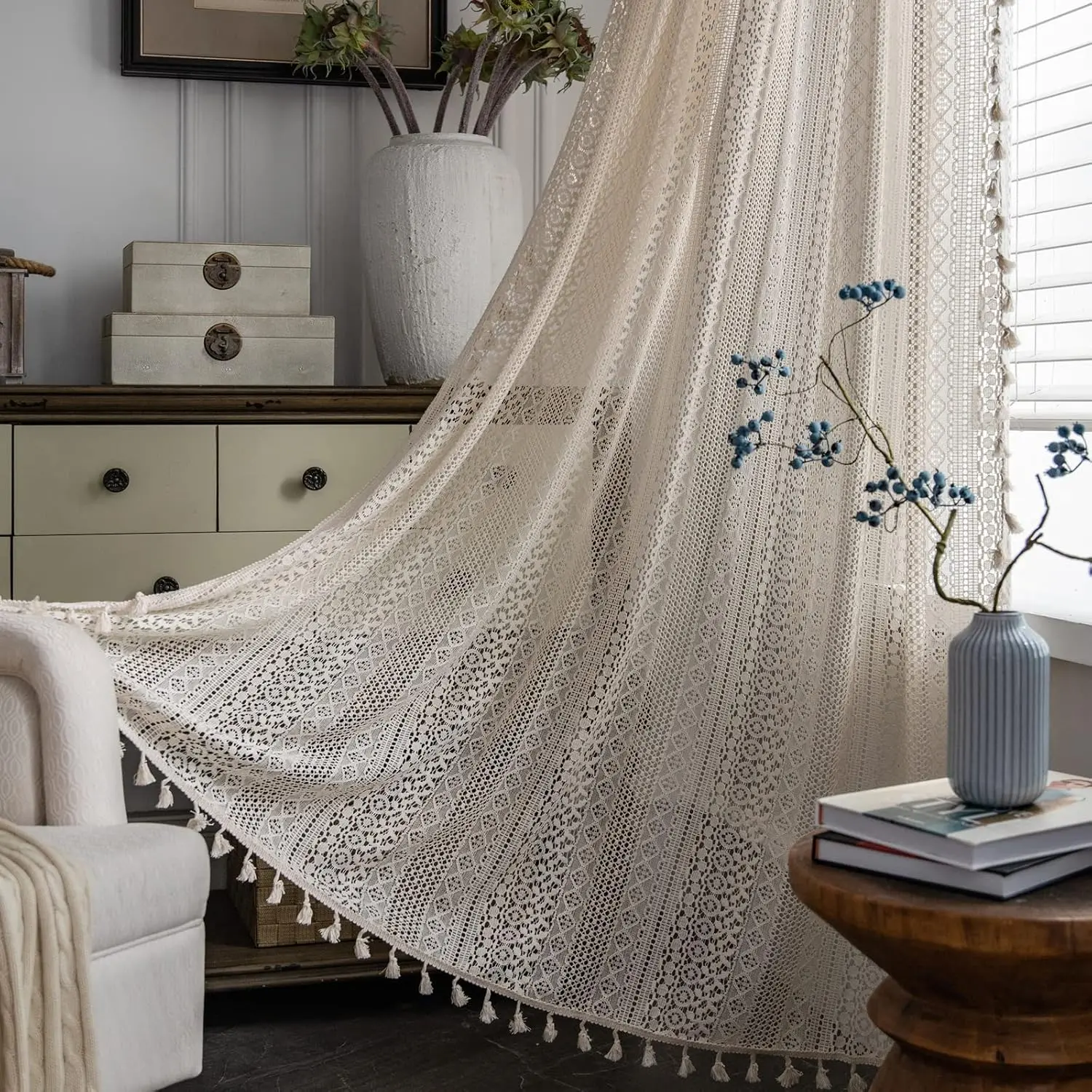 Boho Curtains Lace Semi-Sheer Bohemian Hollow Knitted Tassels, Rod Window Treatment Vintage Rustic Farmhouse Drapes for Living Bedroom, 1 Panel 59" W x 63" L, Beige