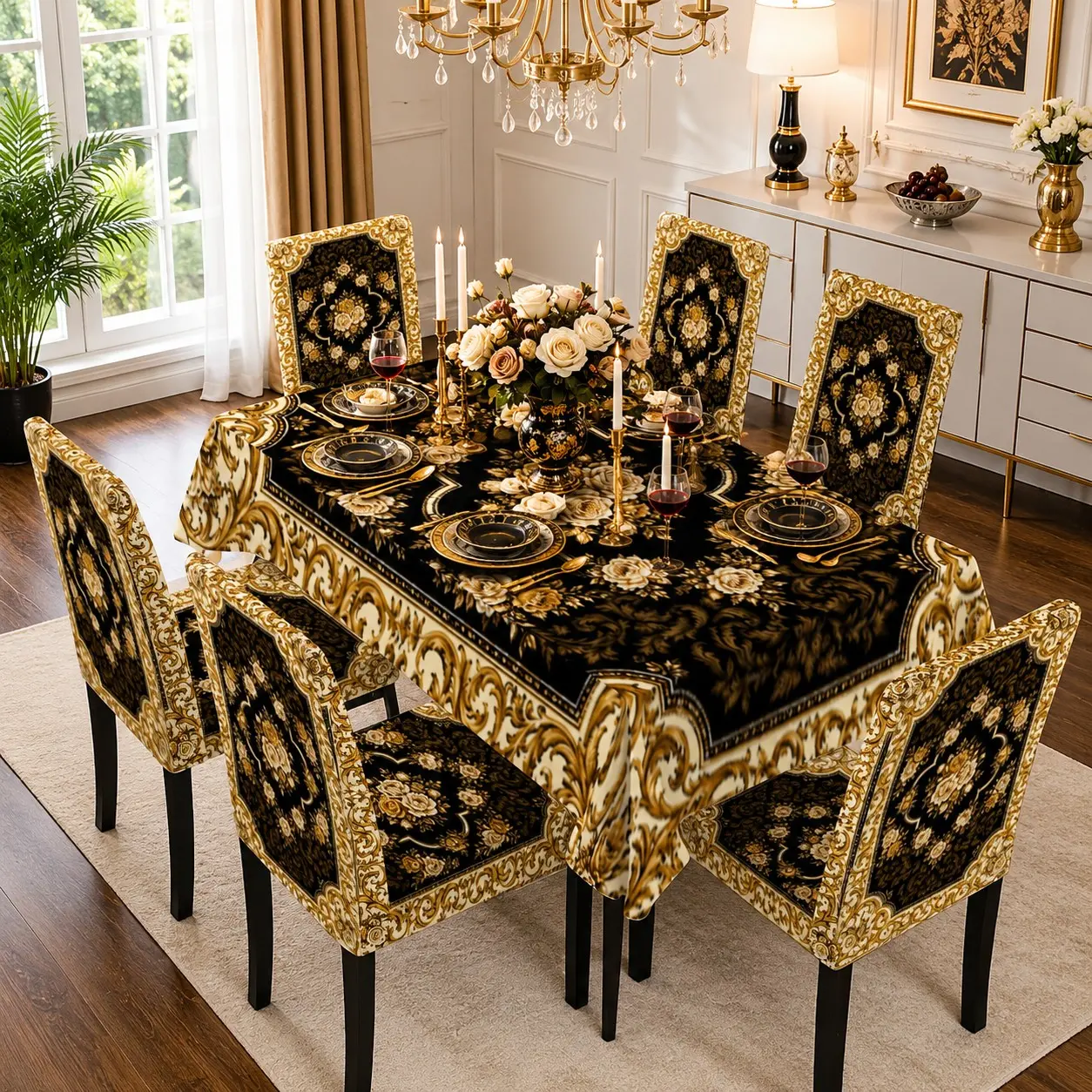 5/7Pcs Tablecloth and Chair Cover Set, Luxury Black Gold Baroque Rose Floral Print Dining Table Cover with Stretch Washable Chair Covers, Elegant European Wedding Banquet Party Home Dining Room Decor