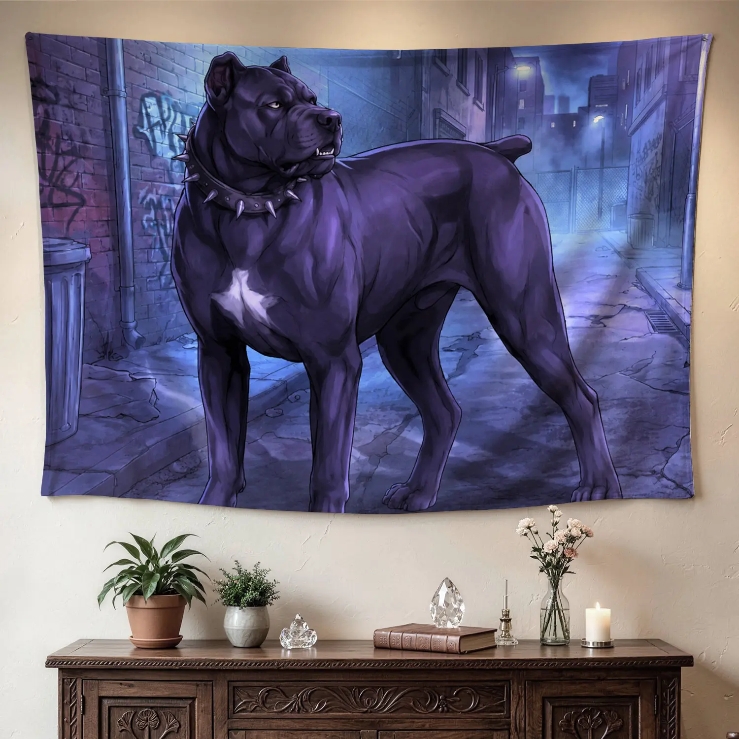Large Horizontal Purple Pitbull Art Tapestry - Multi-Size Colorfast Durable Polyester Print Wall Hanging, No-Installation Home Decor Decoration for Bedroom, Indoor-Outdoor Gift Idea, Wall Decor