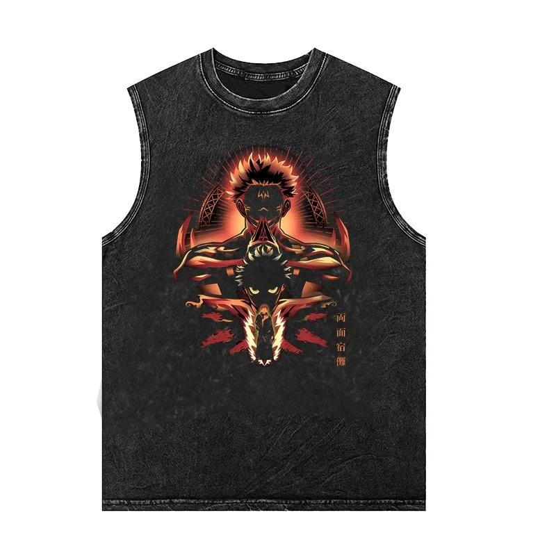 Men's Tank Tops Anime Gojo Jujutsu Man Sleeveless Shirt Summer New Women's Oversized Vintage Washed Vest Gym T Shirt Y2k Clothes