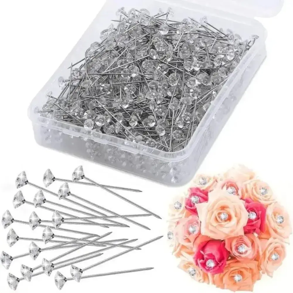 Diamond Head Sewing Pins (100 Pcs) - Transparent Diamonds Straight Craft Needles, Sewing Supplies for Wedding Crafts & Floral Arrangements, Durable, Neatly Packaged Bag Accessory