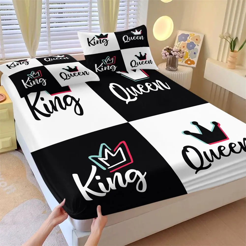 3Pcs King & Queen Crown Fitted Sheet Set, Romantic Couples Bedding Set for Valentine's Day, Soft Bed Sheets Set, Aesthetic Bedroom Decor, Breathable Deep Pocket Bedding No Fillers