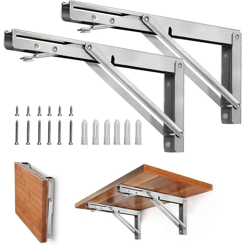 Storystore Folding Shelf Brackets - 8 Inch Heavy Duty Stainless Steel Collapsible Design Shelf Bracket for Bench Table, Space Saving DIY Bracket, Max Load: 550lb