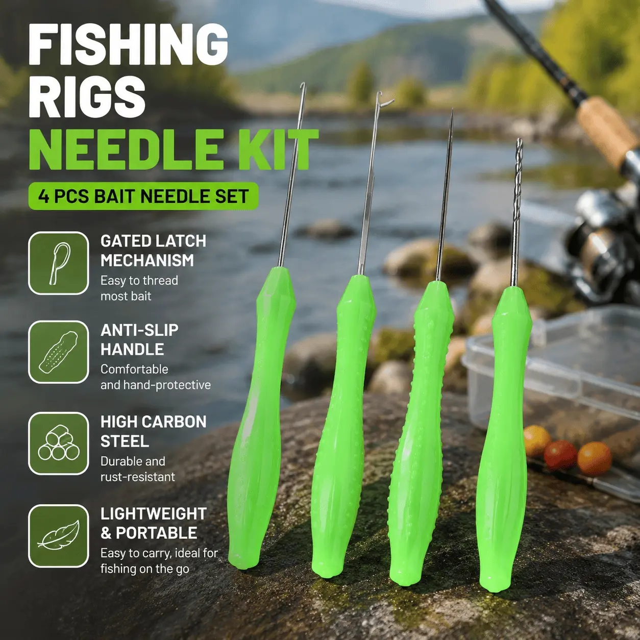 4-in-1 Carp Rig Kit with Baiting Needle & Anti-Slip Handle Threading Needle, Portable Freshwater Tackle Accessories