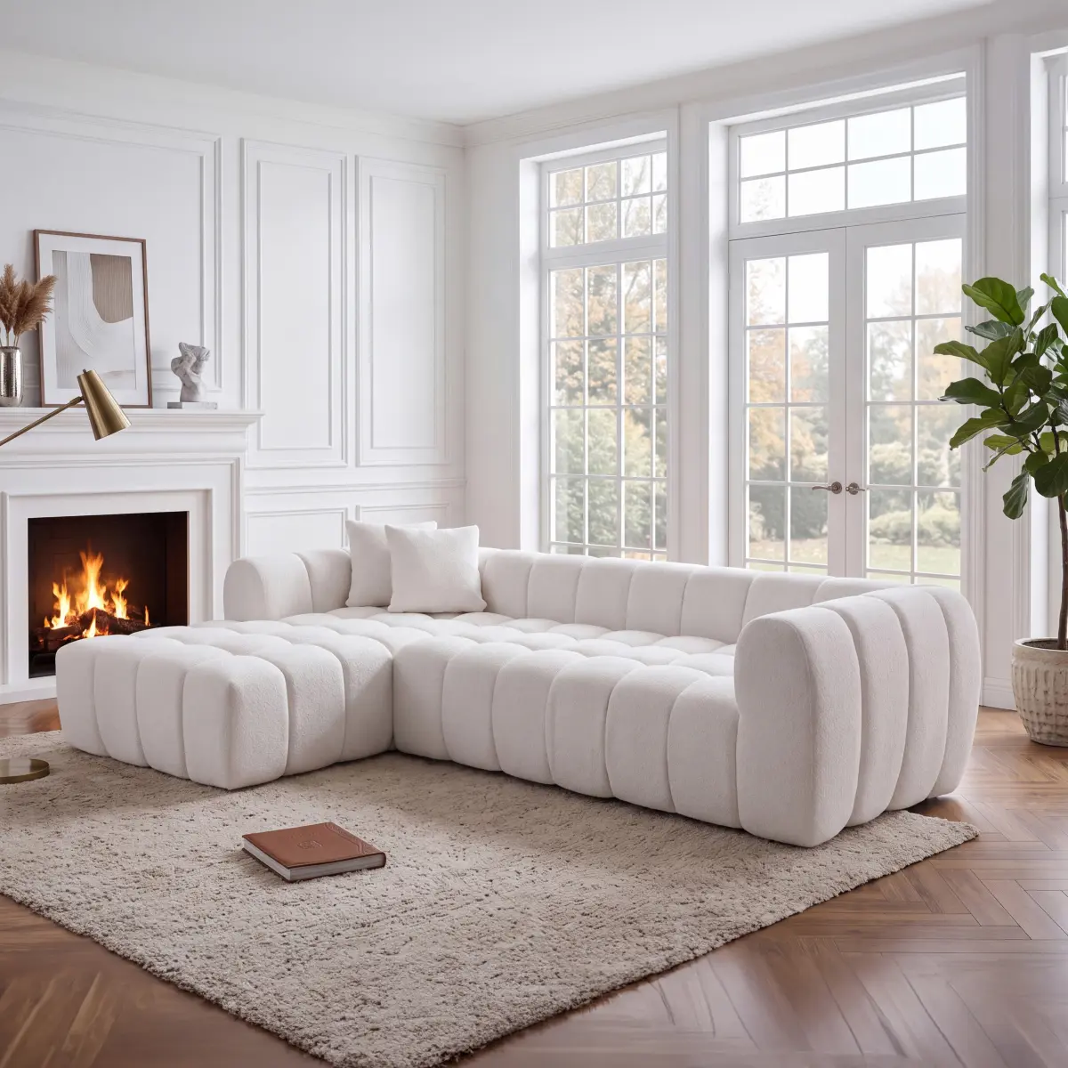 111.3" White Tufted Bubble Modular Sectional Sofa, Vacuum Compressed Foam L Shape Cloud Couch, Boucle Teddy Fabric Plush Corner Sofa with Pillows, Boneless Compression Sofa for Living Room.
