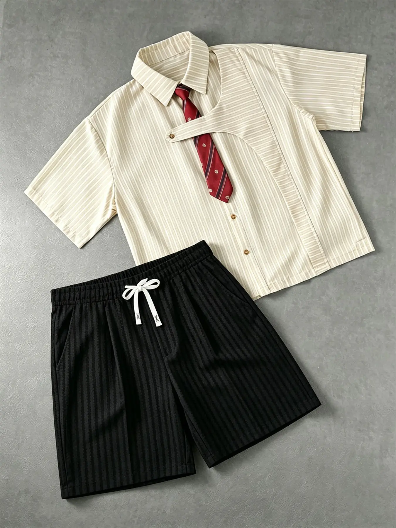 Unisex Multi-Color Vertical Stripe Tie Detail Short Sleeve Shirt & Shorts 2-Piece Set Preppy American Campus Casual Outfit