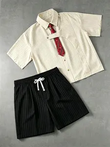 Unisex Multi-Color Vertical Stripe Tie Detail Short Sleeve Shirt & Shorts 2-Piece Set Preppy American Campus Casual Outfit