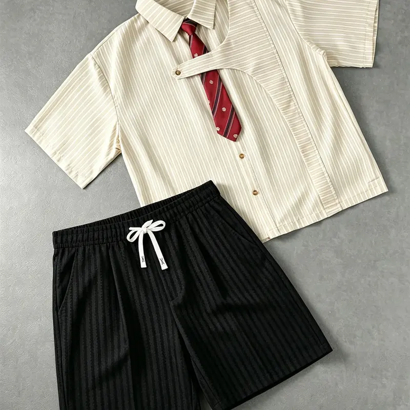 Unisex Multi-Color Vertical Stripe Tie Detail Short Sleeve Shirt & Shorts 2-Piece Set Smart Casual Preppy American Campus Casual Outfit