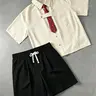 Unisex Multi-Color Vertical Stripe Tie Detail Short Sleeve Shirt & Shorts 2-Piece Set Smart Casual Preppy American Campus Casual Outfit