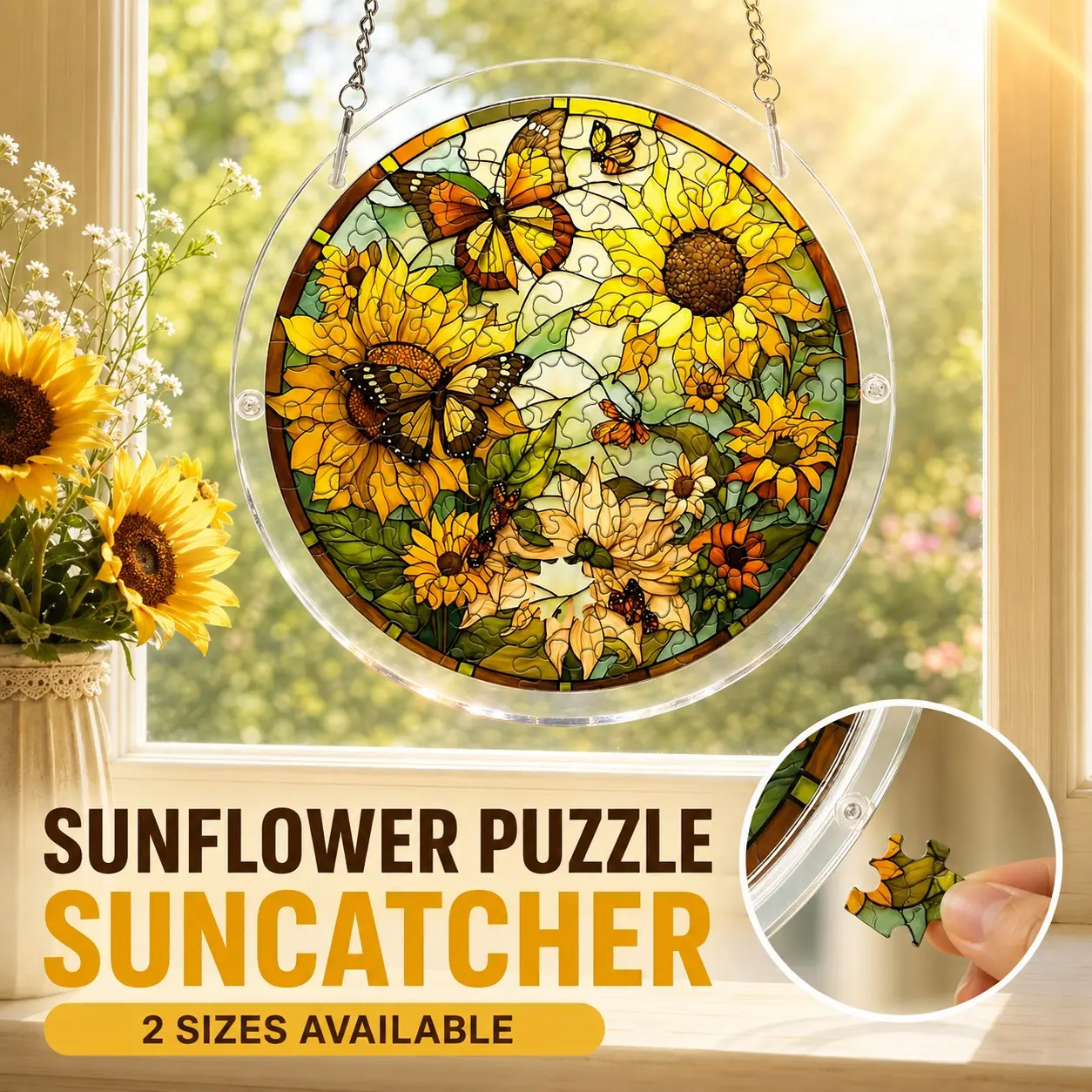 Acrylic Sunflower & Butterfly Jigsaw Puzzle Suncatcher, Stained Glass Style Window Hanging Decor, DIY Puzzle Kit, Mother’s Day Birthday Gift