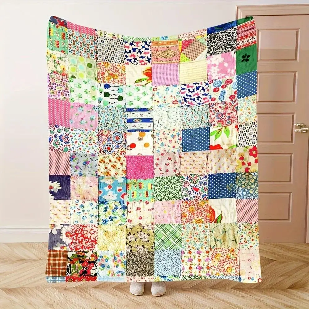 keepsake quilt Retro print patchwork flannel blanket - With vibrant printed designs, it is soft, warm and comfortable, suitable for use throughout the year.