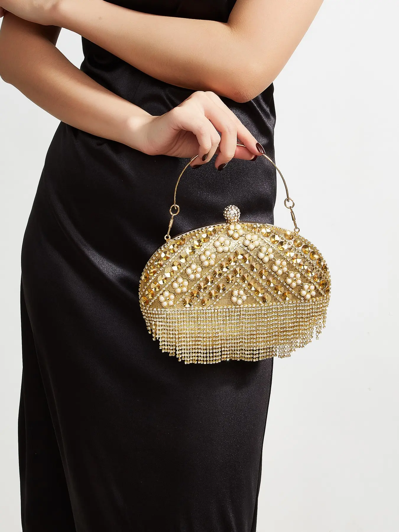 Pearl Rhinestone Fringe Clutch, Sparkly Semi-Circle Evening Bag, Luxury Wedding Prom Party Purse with Metal Handle