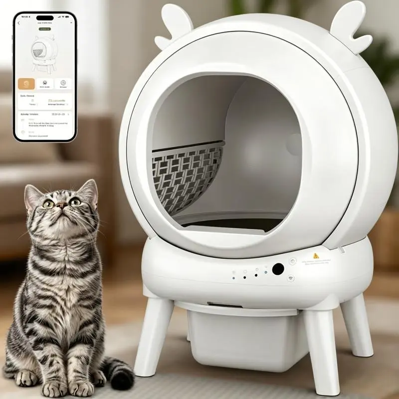 Automatic Self-Cleaning Robot Litter Box with APP Control, 65L Globe Design, Dual Safety Sensors, <35DB Operation, 2 Garbage Bags, Litter Mat for Multiple Cats, Automatic Litter Box