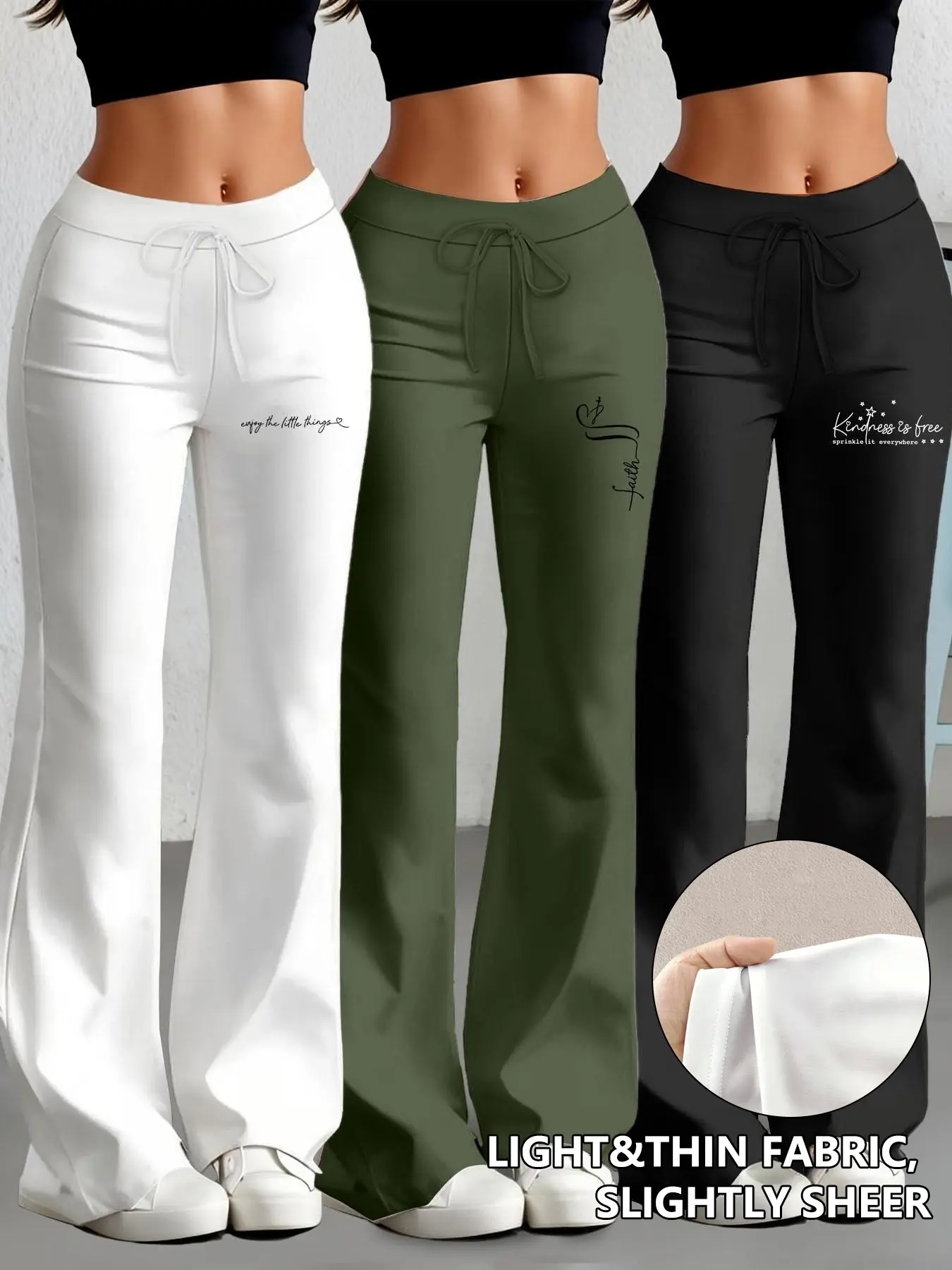 Three-Piece Set Milk Silk, European & American Style Wide-Leg Straight-Cut, Drawstring Waist, Casual Fashion Long Pants, Athleisure Bottoms