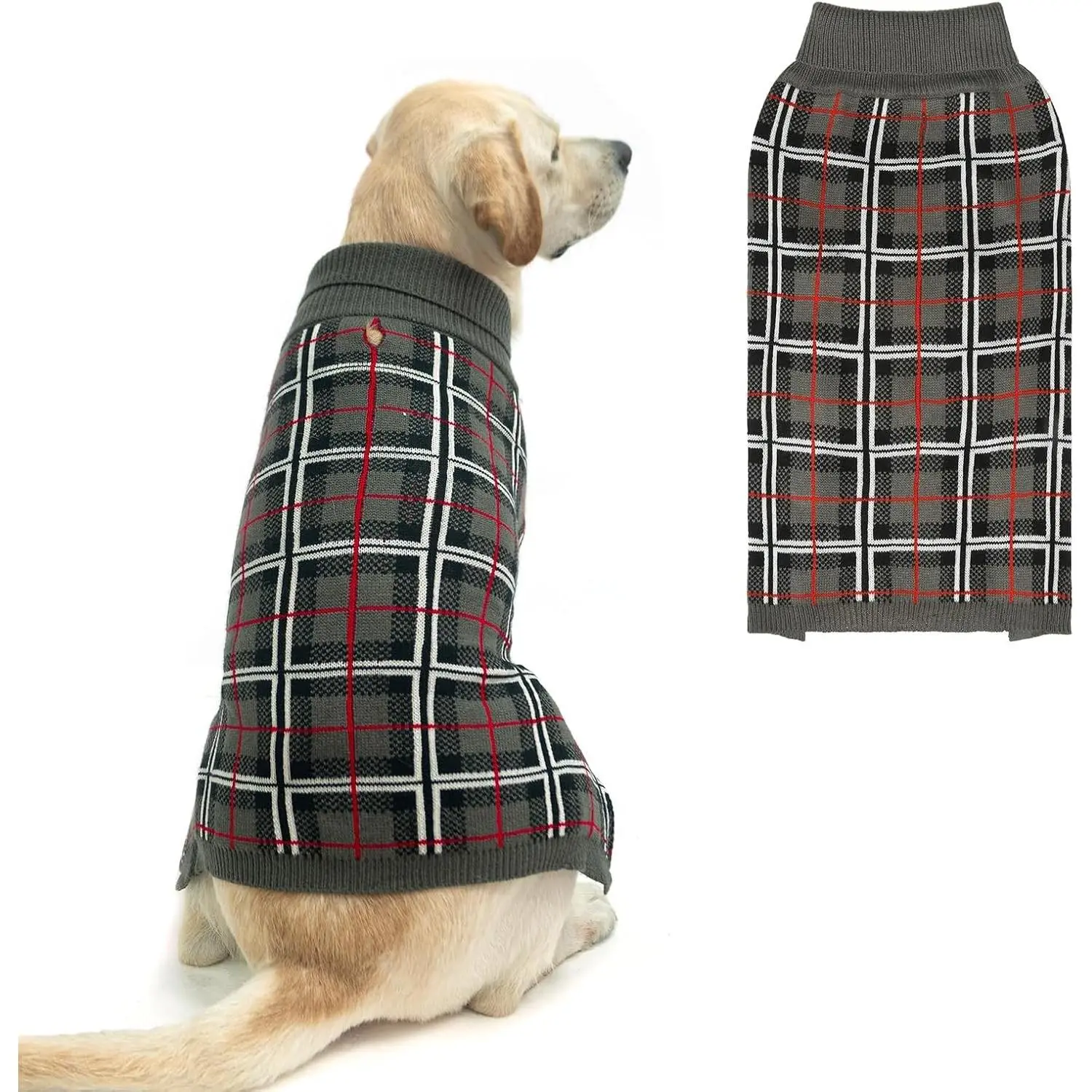 Warm Fabric Plaid Pattern Dog Sweater - for Small, Medium, Large Dogs, Holiday Look Pet Clothes, Classic Fall Winter Coat, Grey, XL