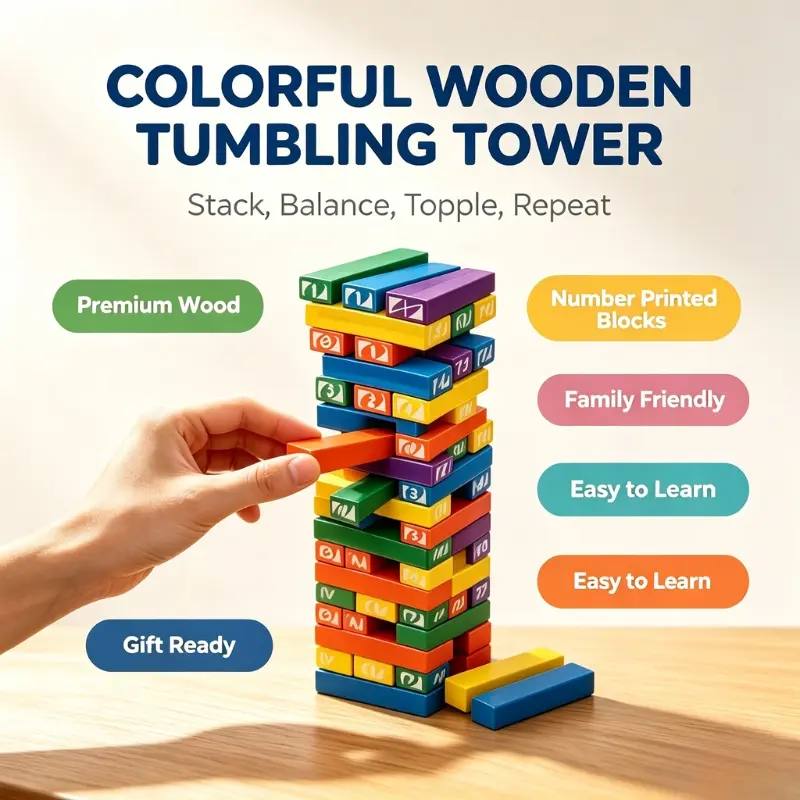 Tabletop Wooden Balance Stacking Game, Vibrant Color Number Tumbling Tower Blocks, Stacking Building Blocks, Fun Strategy Game for Family Gathering & Party Activities