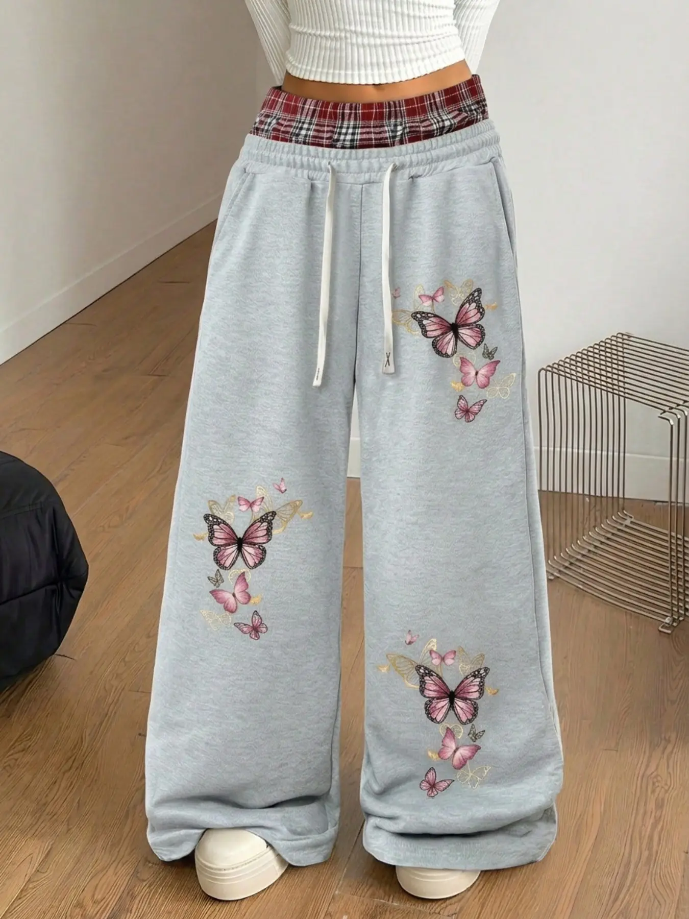 Cute Pink Butterfly Embroidery Heather Gray Wide Leg Sweatpants Women Plaid Fake Double Waistband Elastic Drawstring Loose Baggy Straight Leg Trousers Y2K Coquette Aesthetic Street Casual Pants