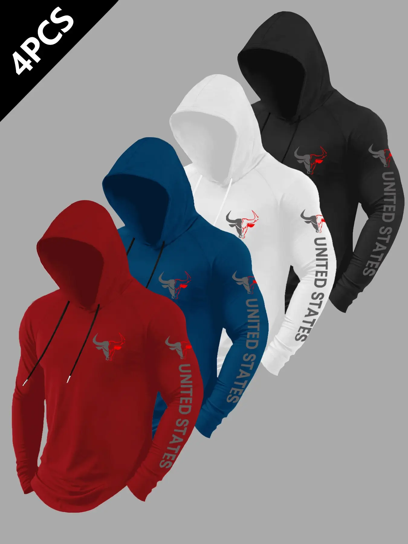 Men's Summer Bull Logo Letter Print Hooded Sport Long Sleeve, Windproof and Stylish, Breathable and Comfortable, Ideal for Gym, Running, Daily Wear, Casual Sport Hoodie, Breathable Sports Hoodie