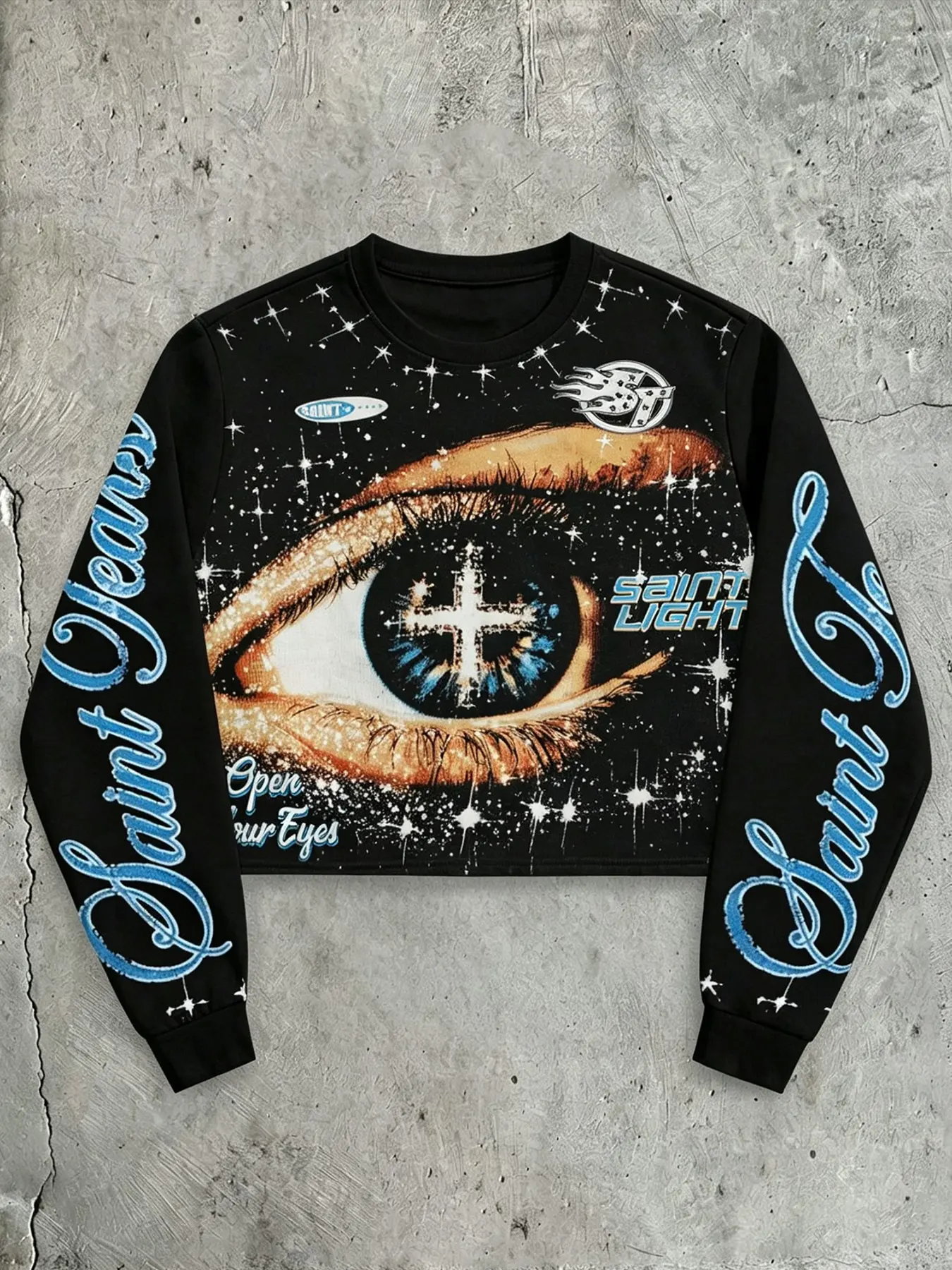 Y2K Short Sleeve Long Arm Starry Sky Cross Print Saint Tears Blue Flower Letter Full Print Retro Street Loose Top, Unisex Dark High Street T-Shirt