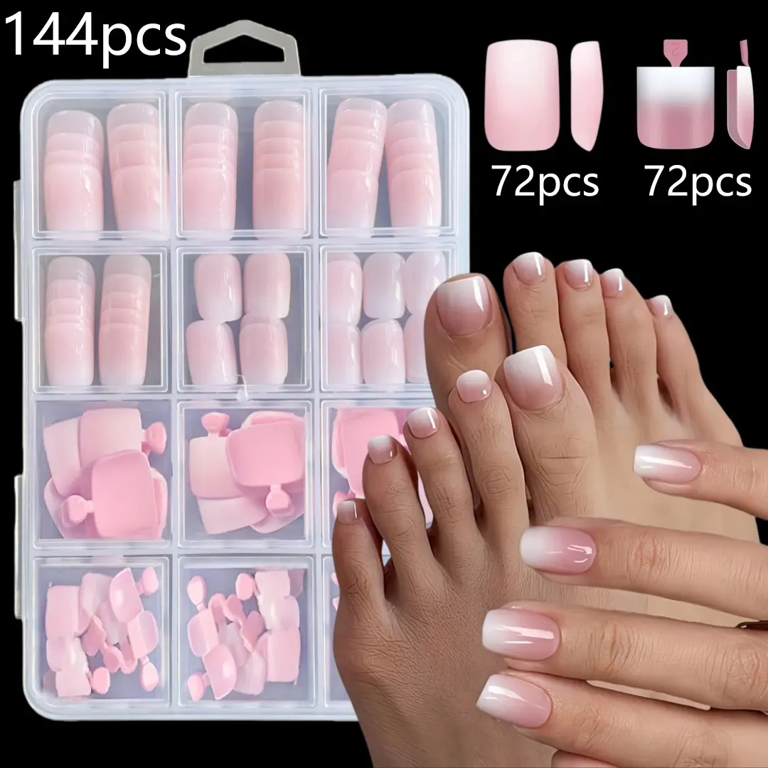 144 Pcs Short Square Press On Nails，Pink/White Ombre 12 Sizes Fingernail and Toenail Fake Nails Set，Simple And Versatile Style Suitable For Women,Suitable For Any Season
