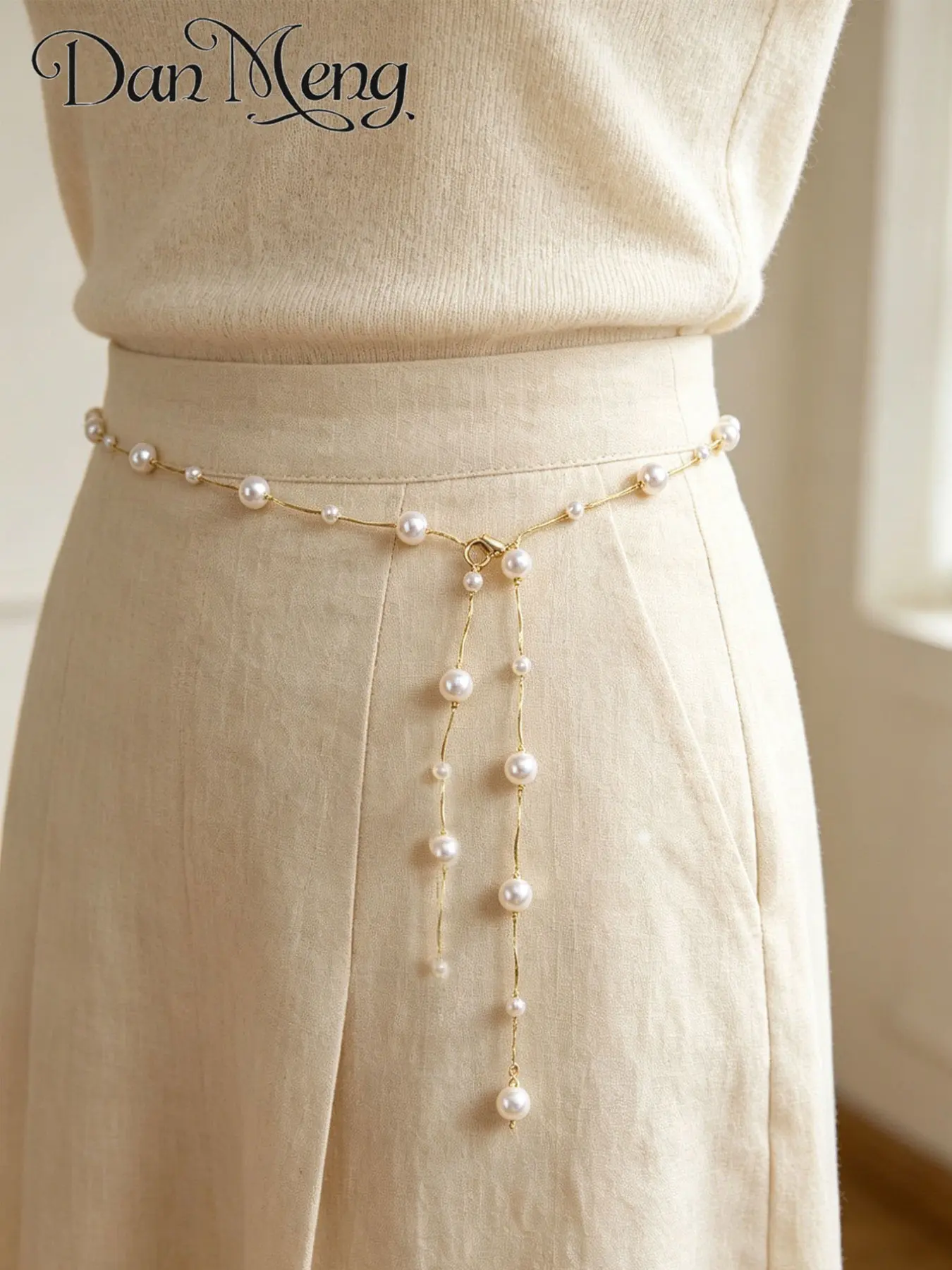 French Chic Fringe Pearl Thin Women's Waist Chain, Small Pearl Dangle Metal Chain Dress Shirt Belt, Adjustable Elegant Decorative Waistband Stylish Belts