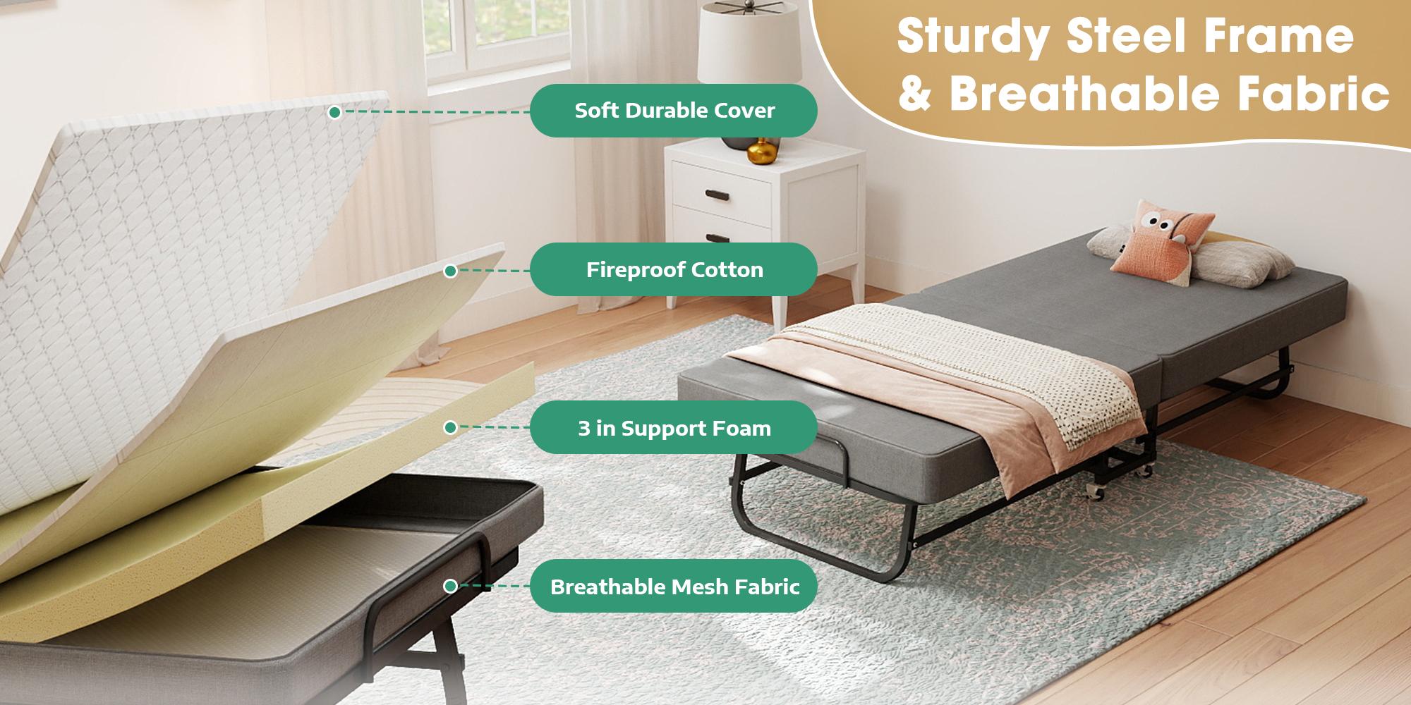 Portable Folding Bed with Memory Foam Mattress, Lockable Wheels, Breathable Linen Fabric for Adults