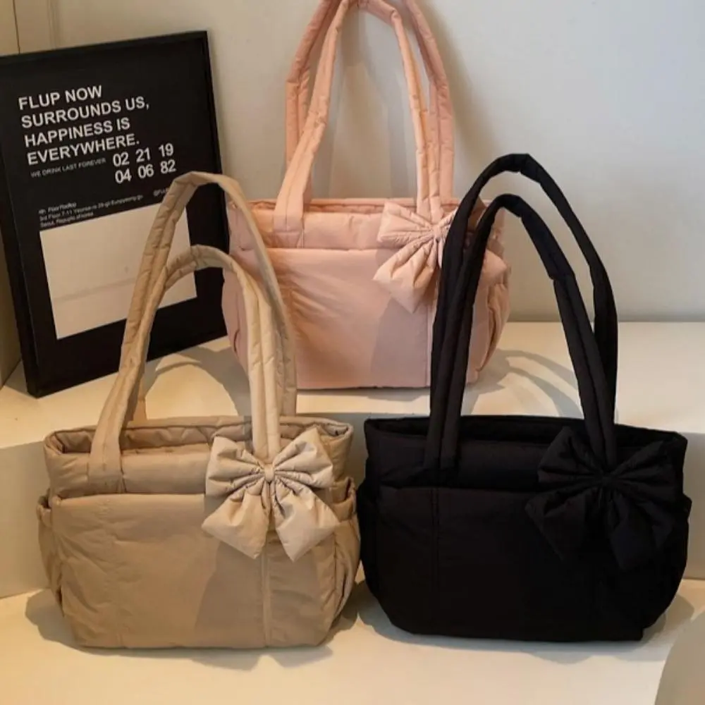 Winter Quilted Tote Bag with Bow: Puffy Square-Grid Yoga & Gym Bag, Insulated Cotton-Padded Shoulder Handbag for Women
