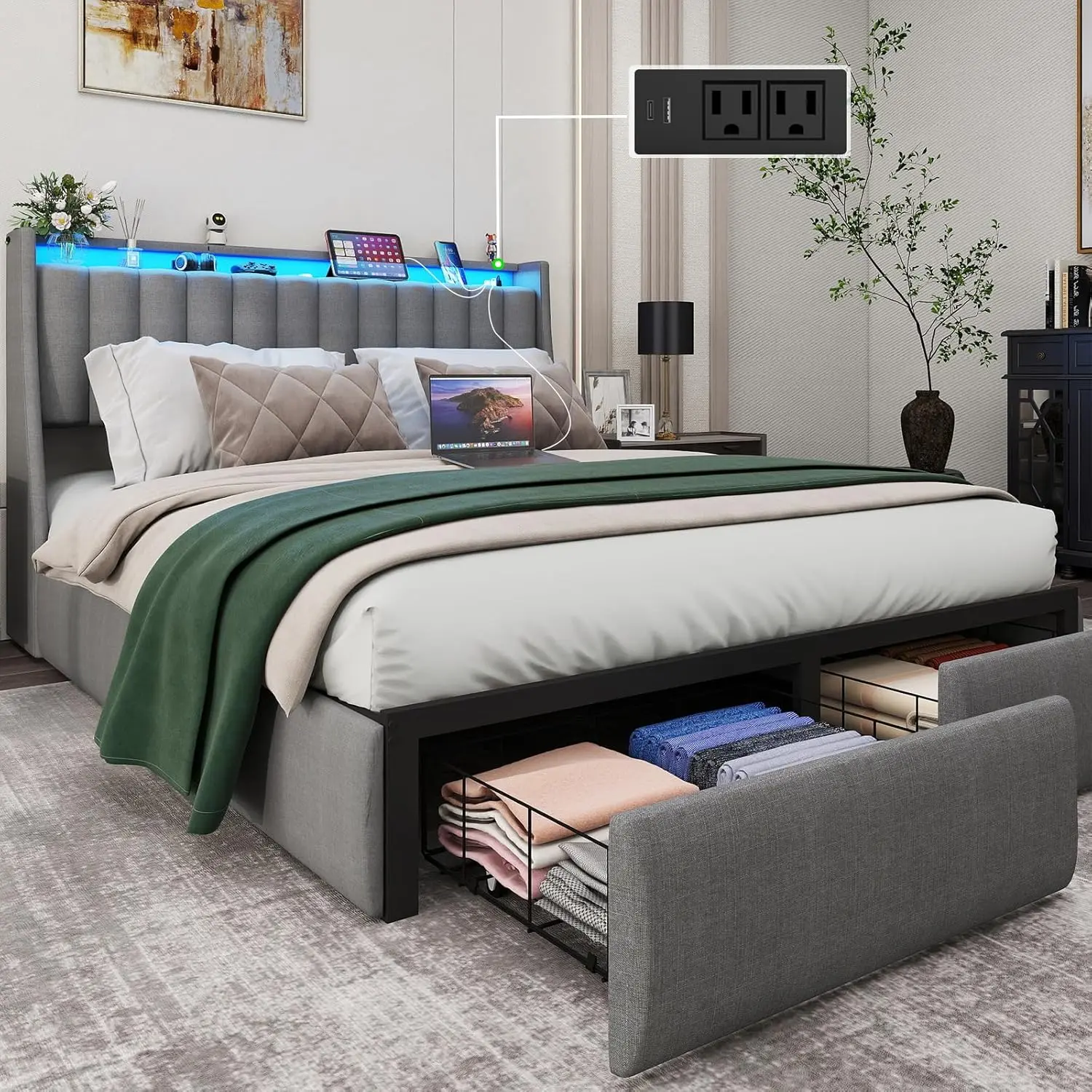 Queen Bed Frame with 2 Storage Drawers, Platform Bed Frame Queen Size with LED Light, Upholstered Headboard, Charging Station, Steel Slat Support, No Box Spring Needed, Noise-Free, Easy Assembly, Gray 88"L x 60"W x 42"H