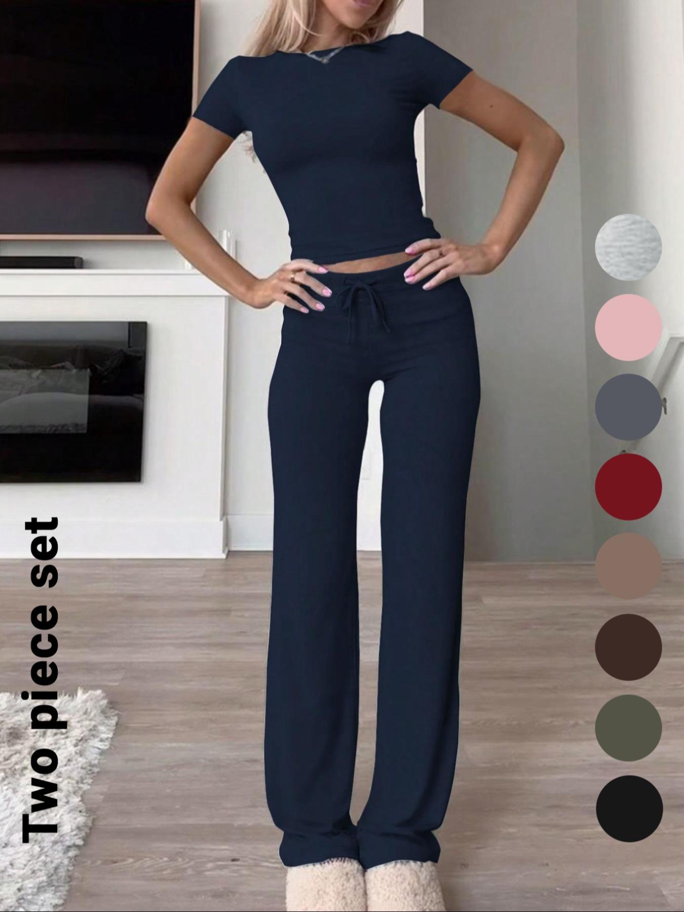 Women's Solid Short Sleeve Two-piece Set, Casual Round Neck Crop Tee & Drawstring High Waist Trousers for Daily Wear, Ladies Summer Clothes