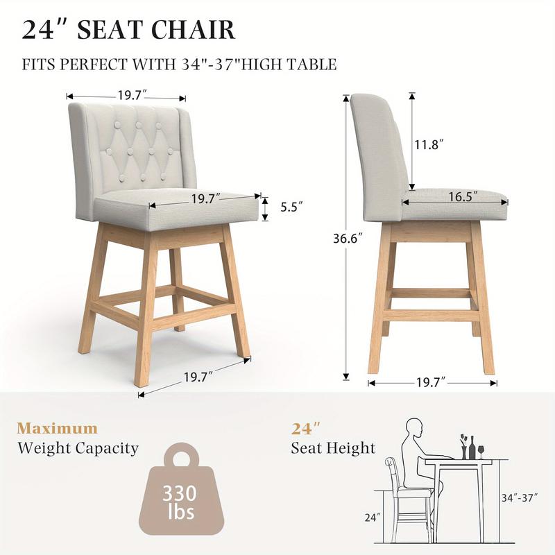2-Piece Bar Stools, Solid Wood Counter Height Chairs with Upholstered Seat