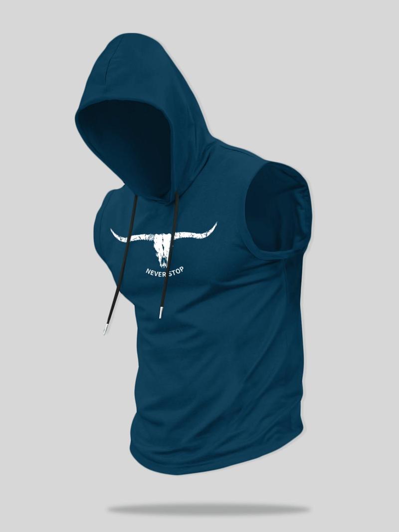 Men's Regular Fit Cartoon Bull Head Print Hooded Tank Top, Casual Comfy Breathable Sleeveless Top for Summer, Fashion Men's Clothes for Daily Wear, Socks