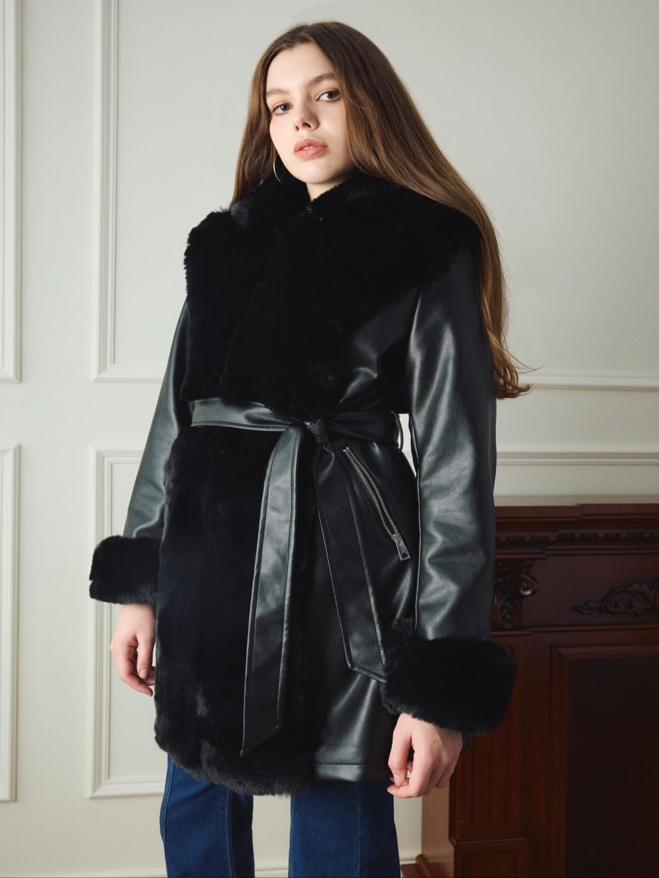 Women's Winter Faux Fur Coat with Belt, PU Patchwork Hooded Jacket, Elegant Casual Warm Waistcoat for Fall & Winter