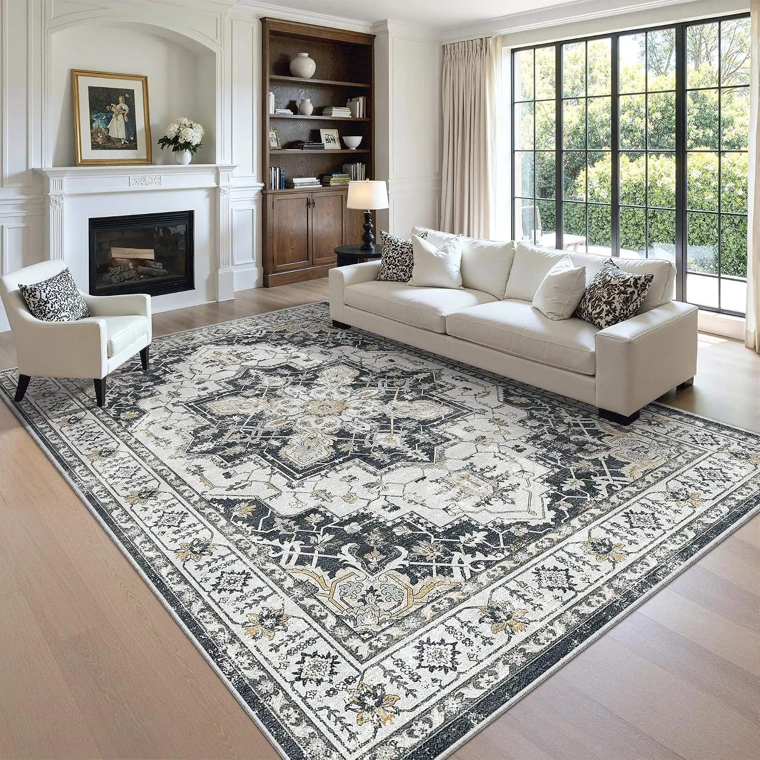 ComiComi 8x10 Medieval Aesthetic Vintage Floral Area Rugs Living Room, Soft Low Pile Washable Rug, Non-Slip Rugs for Bedroom,Water & Stain Resistant Indoor Carpet For Dining Room, Home Office, Home Soft Decor, Black Sofa Rug foyer floor purple