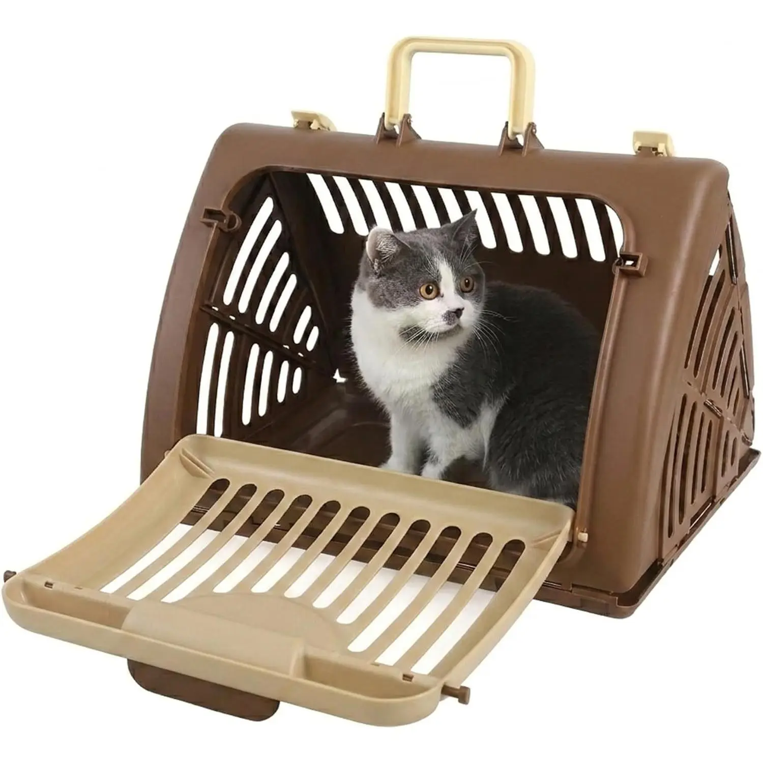 Foldable Travel Cat Carrier, Small Cat Carrier Hard Up to 25lbs, 18" Lx14.5 Wx14 H Front Open Type Plastic Cat Carriers, Beige + Coffee