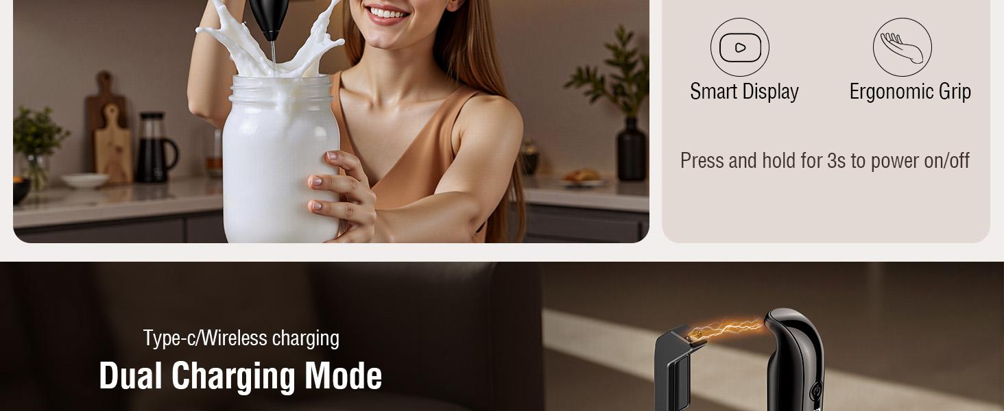 Electric Milk Frother Handheld: coffee frother rechargeable 3 in 1 - LED Display, Wireless Charging - 3 Speeds, Stainless Steel Whisk for Latte, Cappuccino - Bright Grey