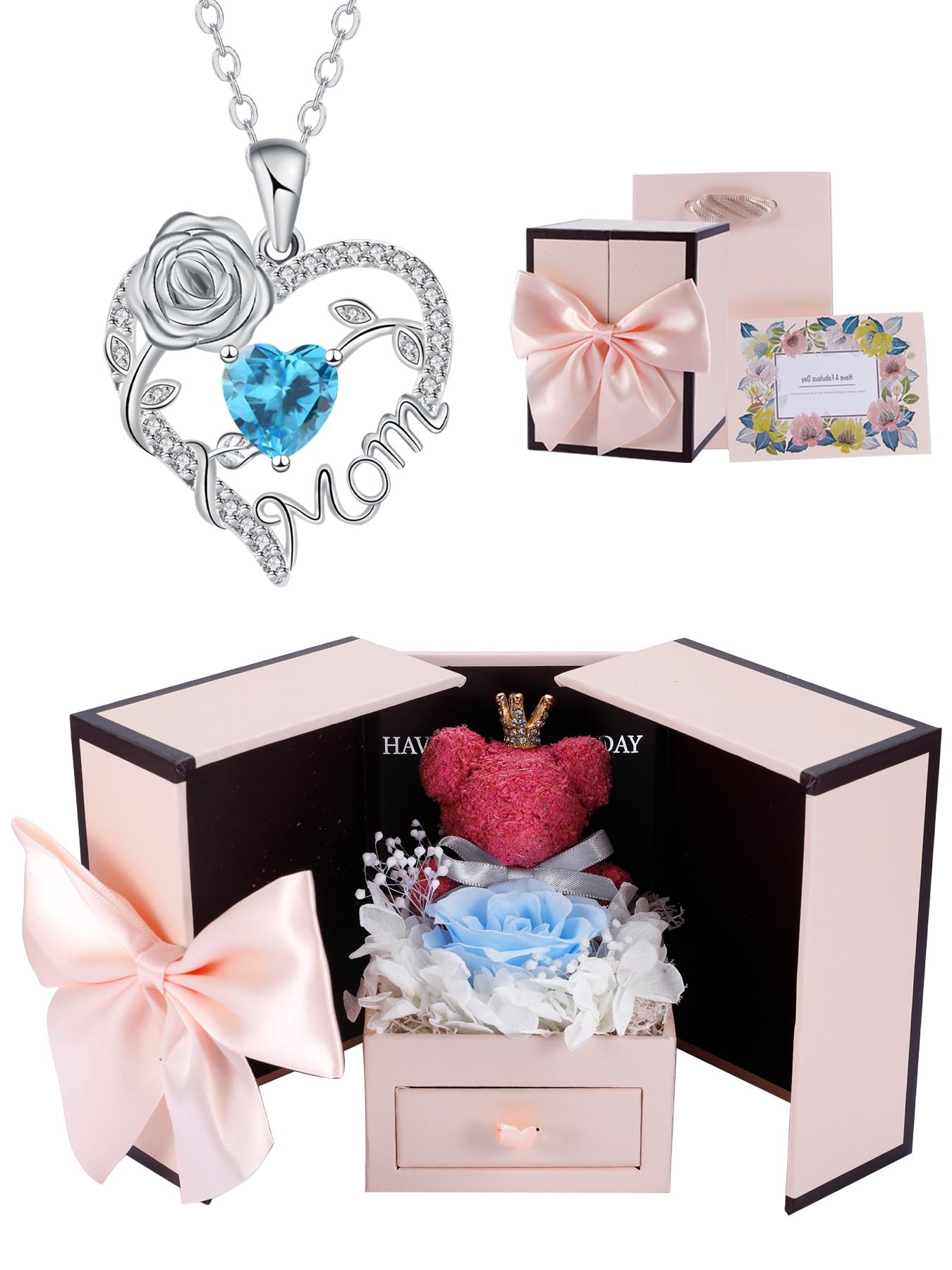 Rose Heart Mom Birthstone Necklace With Bear Rose Jewelry Gift Box, Exquisite Jewelry Gift, I Love You Mom Necklace, Mother's Day Christmas Gifts Jewelry for Grandmother Women Wife,Gifts For Women