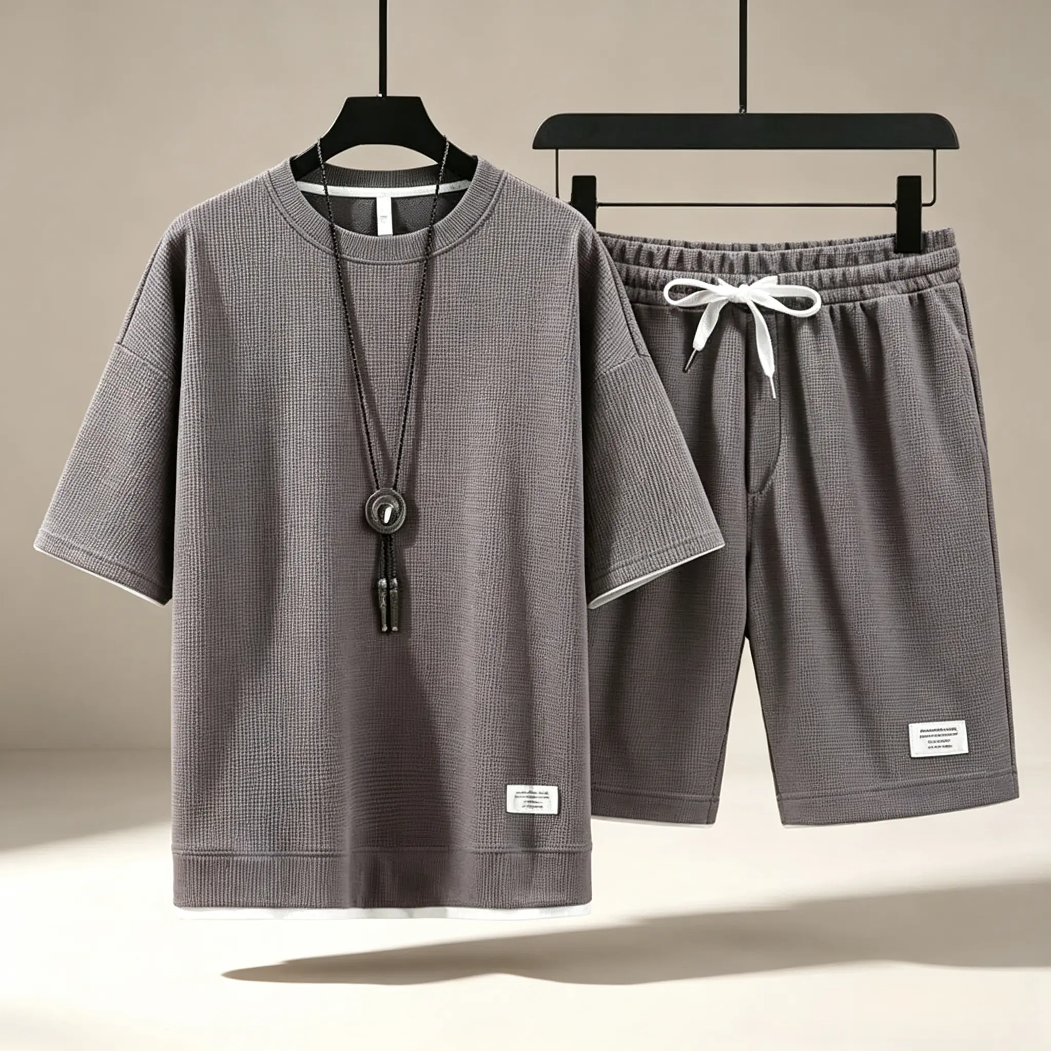 Men's 2-Piece Oversized Minimalist Drawstring Stylish Clothing Set - Soft Textured Breathable Polyester, Round Neck Short Sleeve T-Shirt, Shorts with Pockets, for Everyday Wear & Fitness (Spring Summer)