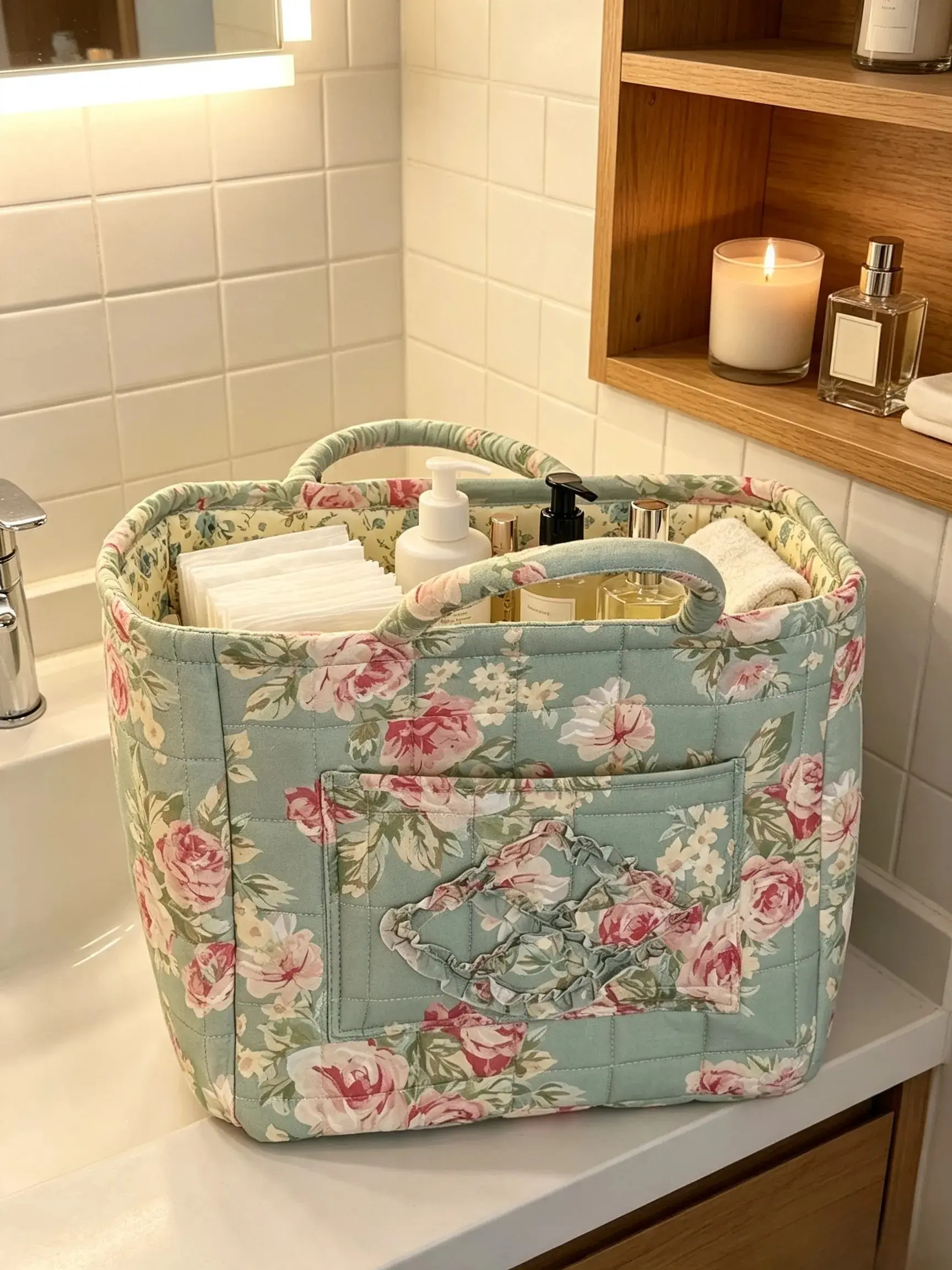 Vintage Peony Floral Quilted Storage Basket, Large Portable Dual‑Handle Organizer Tote for Car Interior, Bathroom and Household Sundries