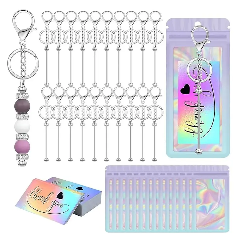 20pcs Beadable Keychain Kit with 20 Bags and 20 Thank You Cards, DIY Blank Keychain Bars for Jewelry Making and Crafts, Key Rings For Crafts, Perfect for Creative Projects, Beaded Keychain, Stainless Steel Keyring