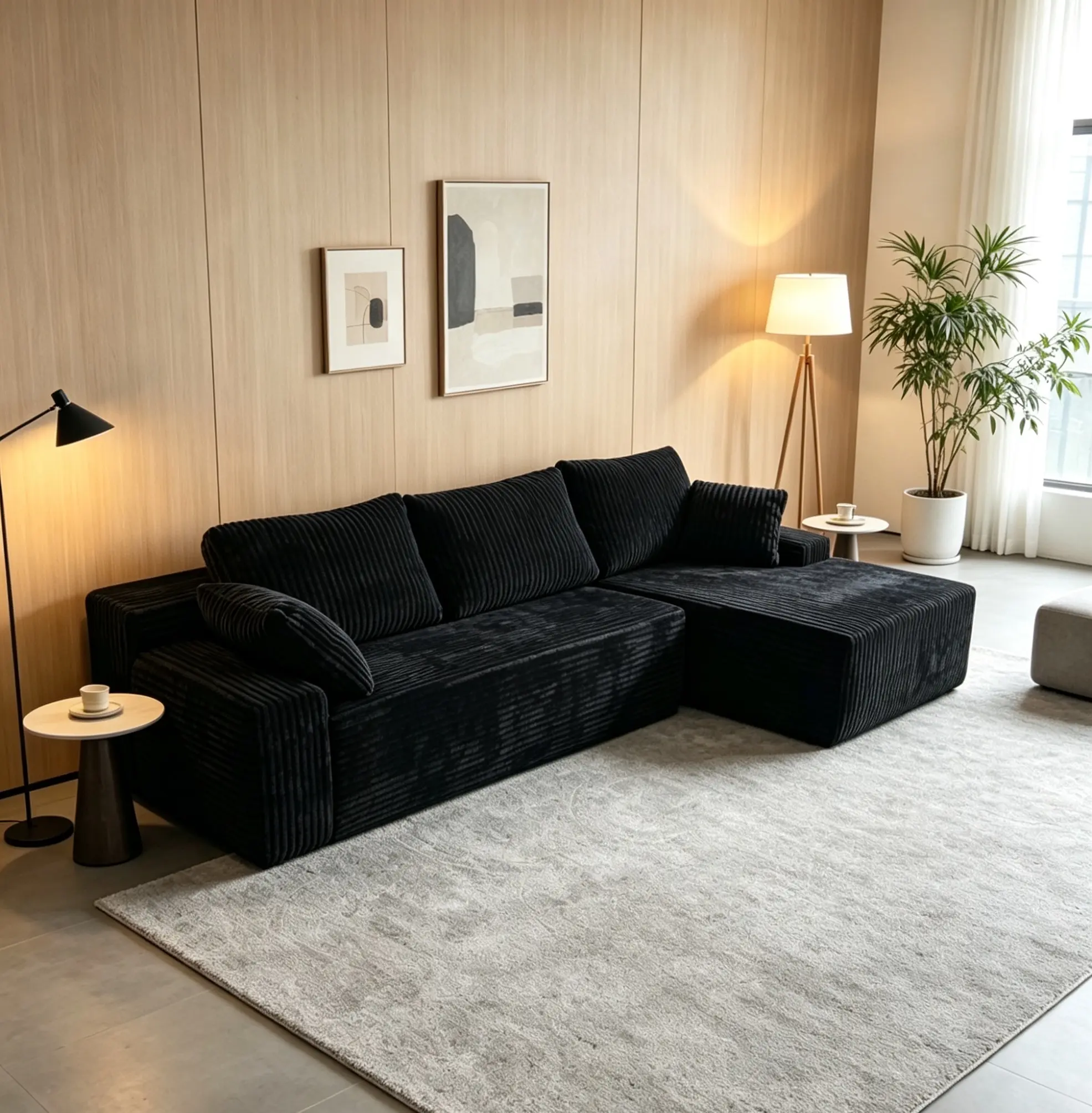 96" Vacuum Compressed L-Shape 3-Seat Modular Sectional Sofa, No Assembly Required, Black Premium Corduroy Velvet Upholstery with Fluffy Plush Fabric, Oversized Chaise Lounge, Modern Minimalist Space-Saving Deep Seat Living Room Couch for Small Apartments