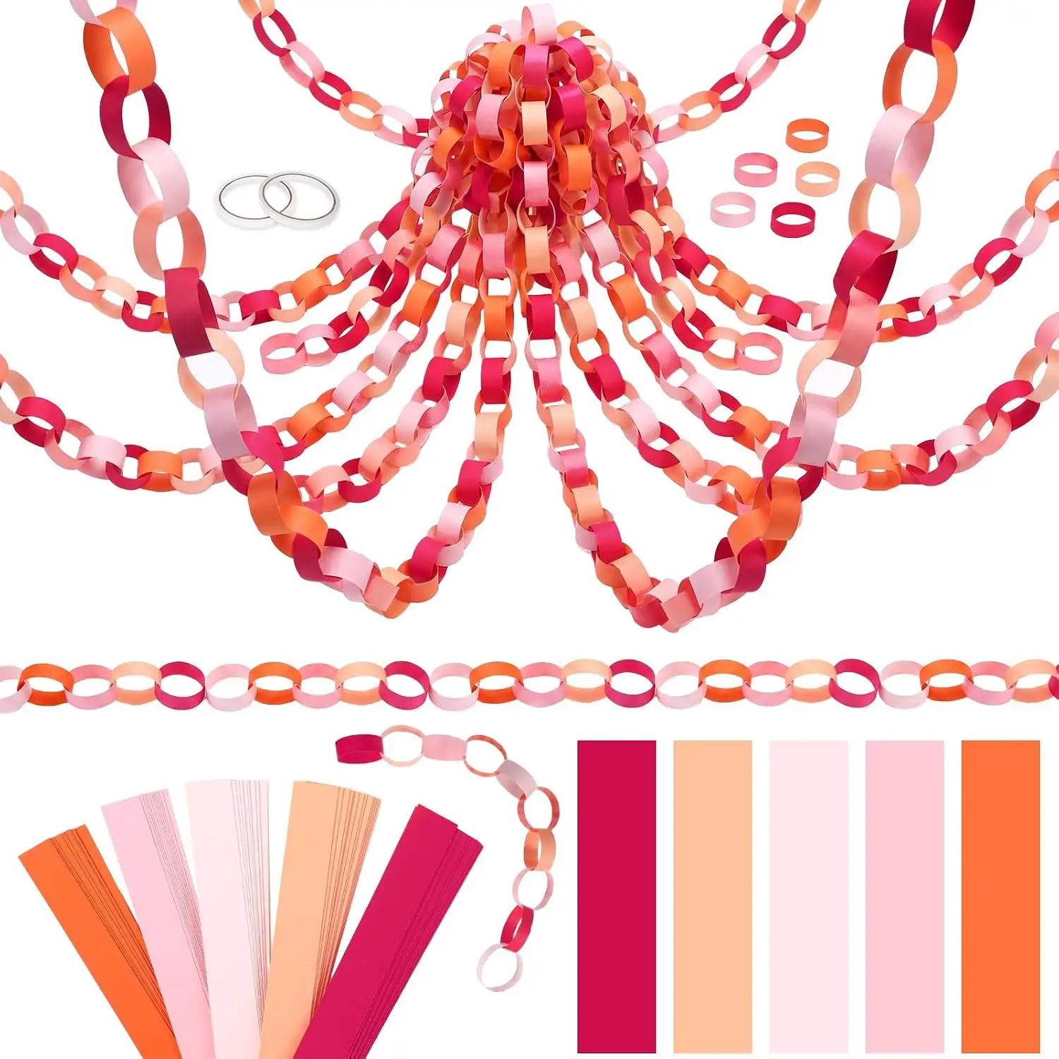 1000-Count Thick Warp-Resistant Sunset Hues Orange Paper Chain Garland Strips, 1x8 In with Double-Sided Tape, DIY Construction Paper Chains for Party Decor, Fall Thanksgiving Celebrations, Watermelon, Kit