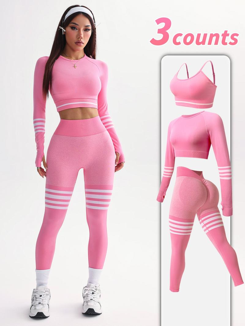 Women's Striped Print Sports Bra & Leggings & Crop Top Tracksuit Set, Sporty Breathable Comfy Outfits for Yoga Gym Workout Running, Ladies Sportswear for All Seasons, Athletic Activewear Tracksuits, Workout Running Clothes