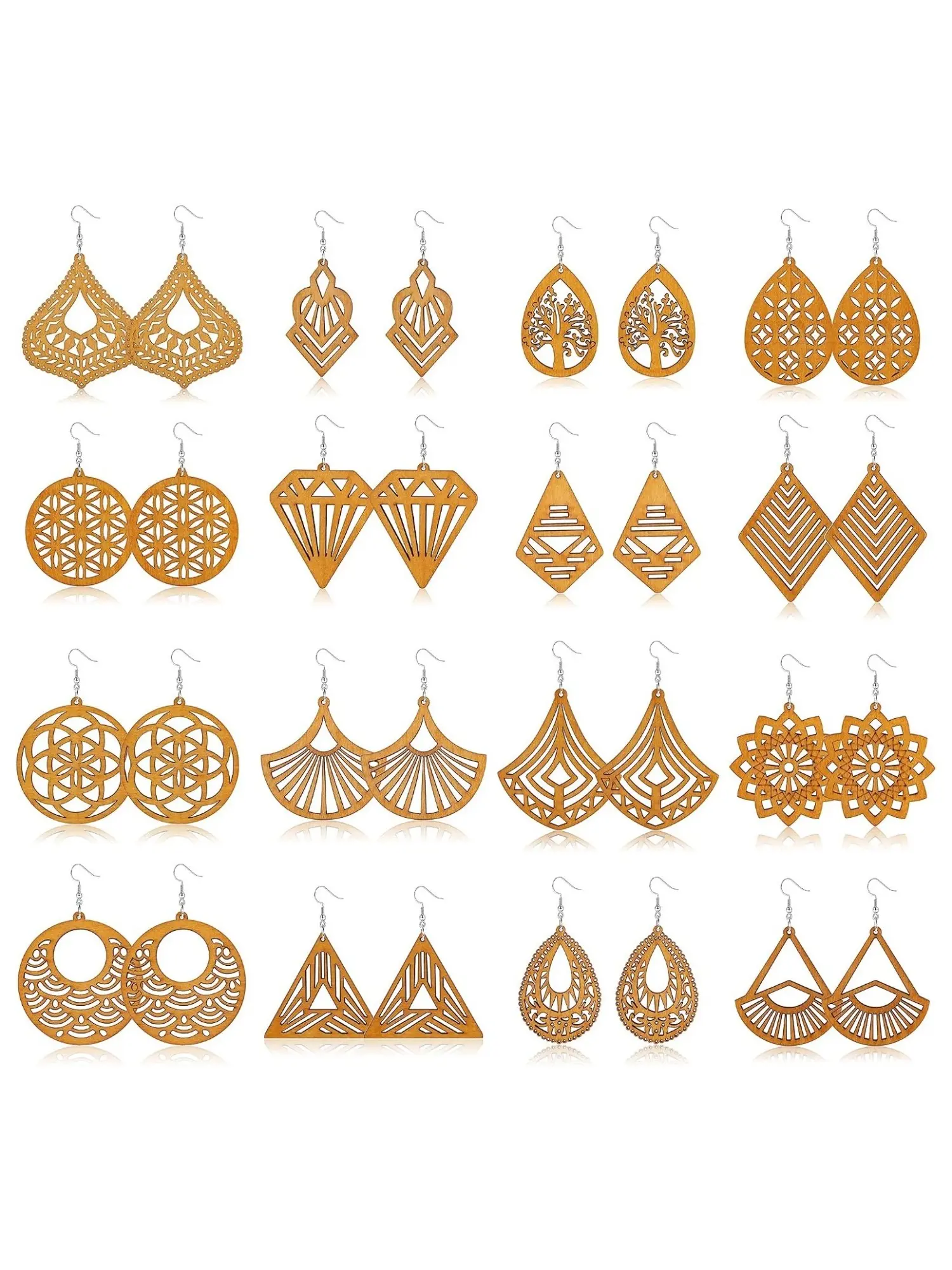 Lightweight Wooden Hook Dangle Earrings 16 Pairs, Hollow Cut‑Out Bohemian Drop Earrings, Natural Wood Pendants & Hypoallergenic Stainless Steel Posts, Mixed Geometric Shapes for Vacation Festival Gift Giving, Vintage Statement Earrings
