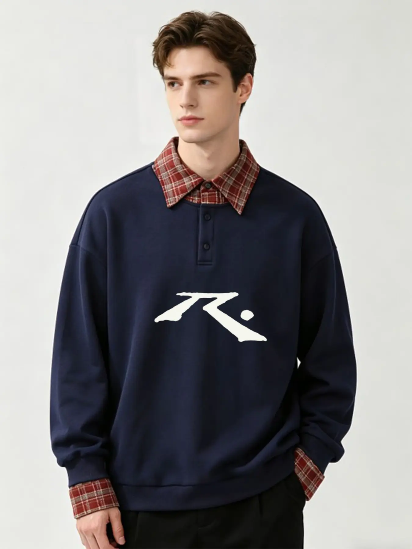 Men's Vintage Fake Plaid Collar Polo Sweatshirt, R Letter Graphic Print Long Sleeve Pullover, Casual Streetwear Autumn Tops