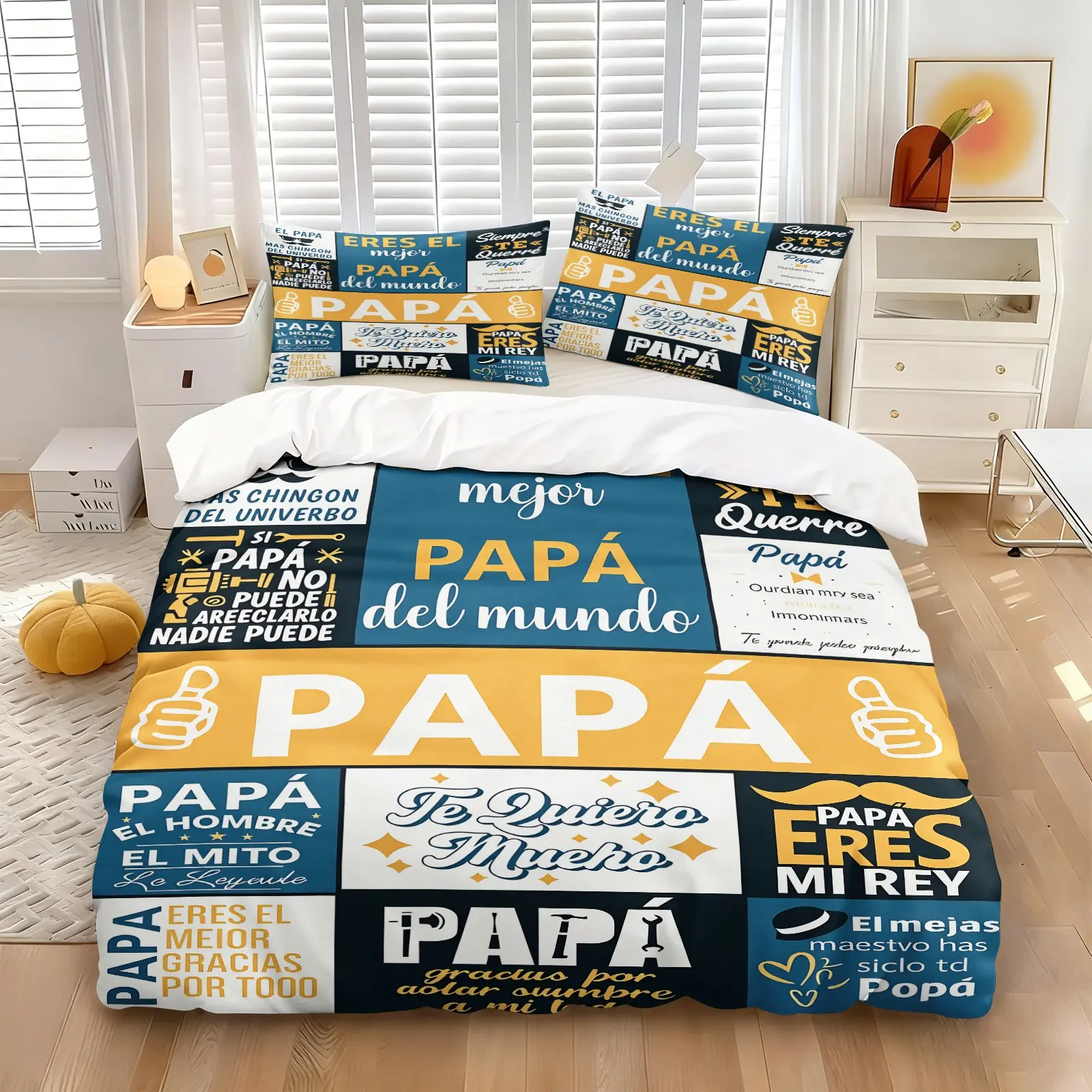 2/3Pcs Spanish Papa Quote Patchwork Print Duvet Cover Set, Latino Father Typography Comforter Cover, Dad Themed Bedding Set with Pillowcases, No Filler, Father's Day Gift For Dad Bedroom Decor