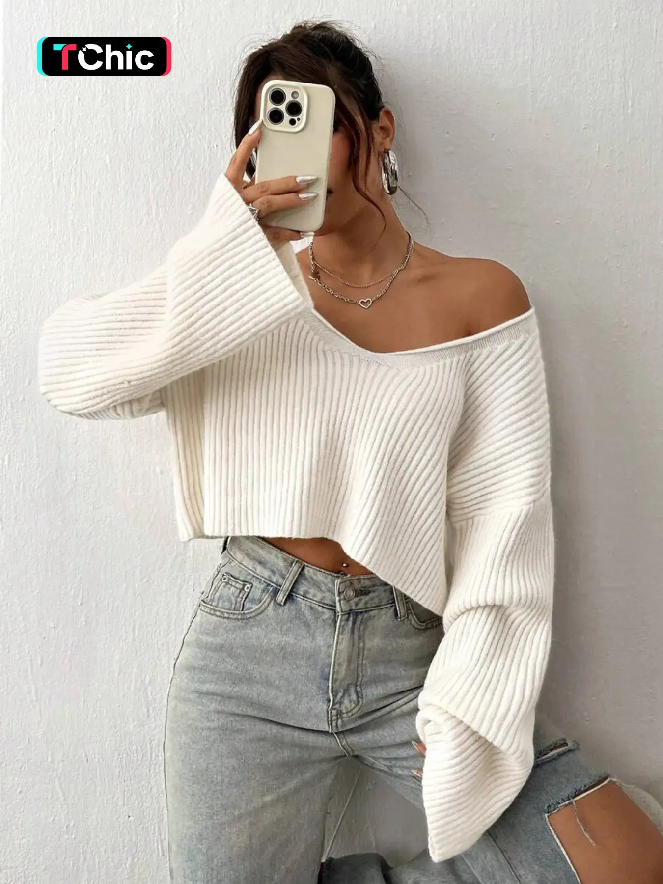 Casual Solid Color V-Neck Pullover, Drop Shoulder Cropped Ribbed Knit Sweater
