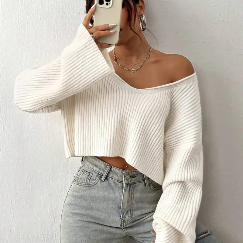 Casual Solid Color V-Neck Pullover, Drop Shoulder Cropped Ribbed Knit Sweater